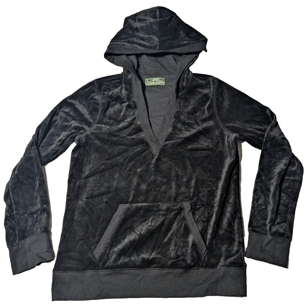 LRL LAUREN ACTIVE RALPH LAUREN Women Medium? Black VELOUR Pullover Hoodie